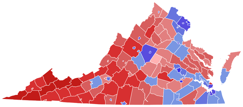 Virginia elections results map. The map is mostly red and partially blue.