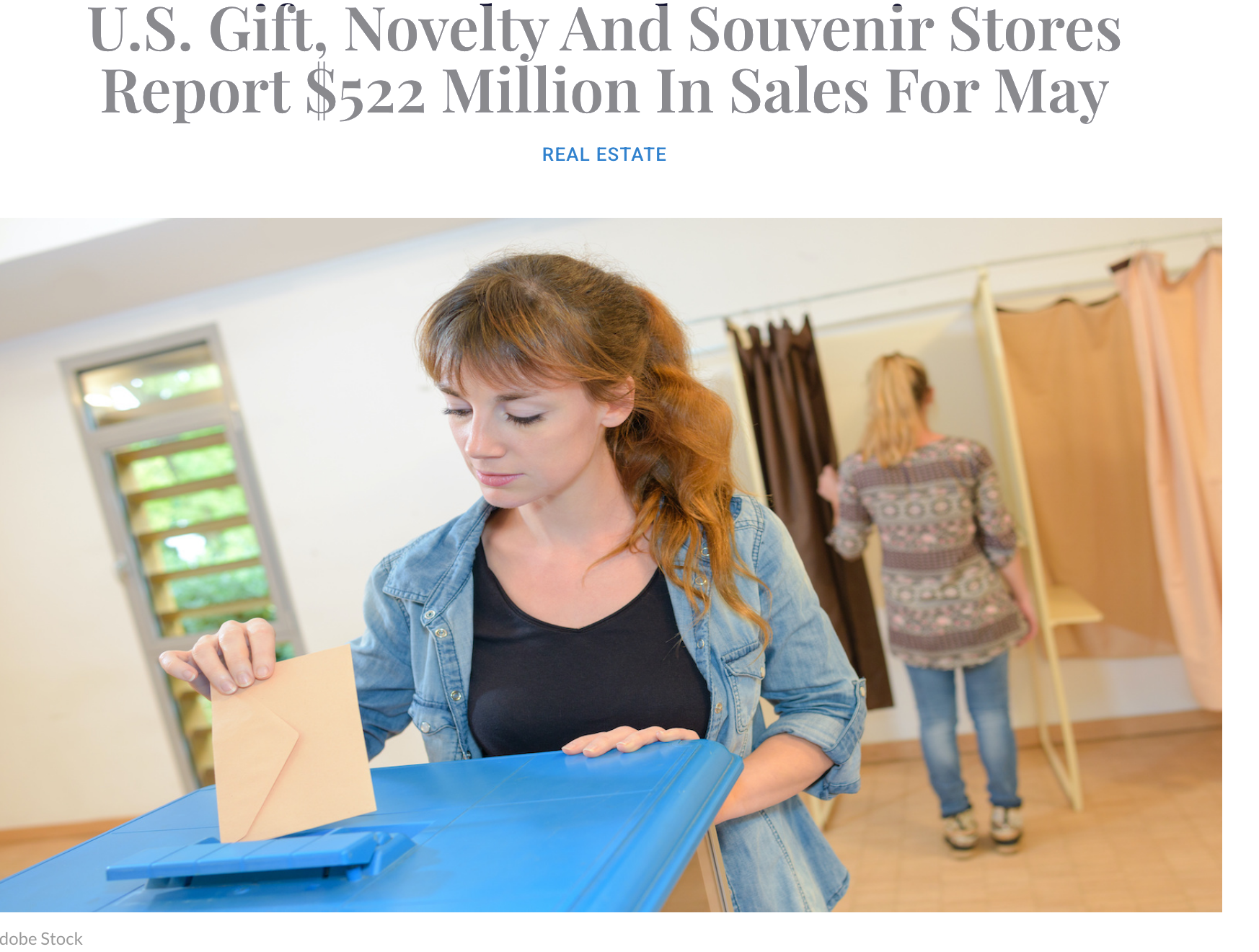 Woman placing paper in in box, as if voting, but she's not in a both.  A woman in the background seems to be entering a curtained booth